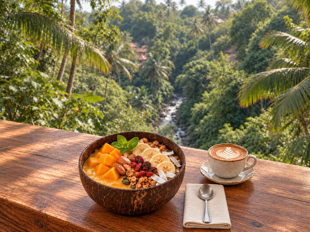Mango smoothie bowl and coffee overlooking tropical greenery, cafe illustration
