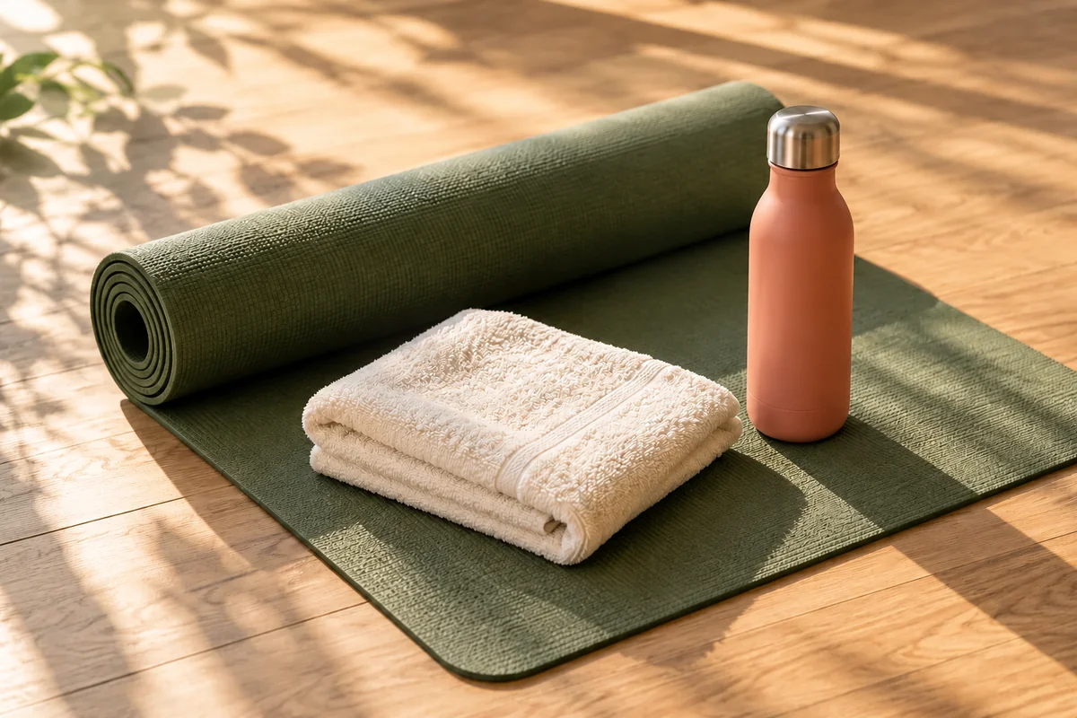 Yoga mat, towel and water bottle ready for practice, illustration